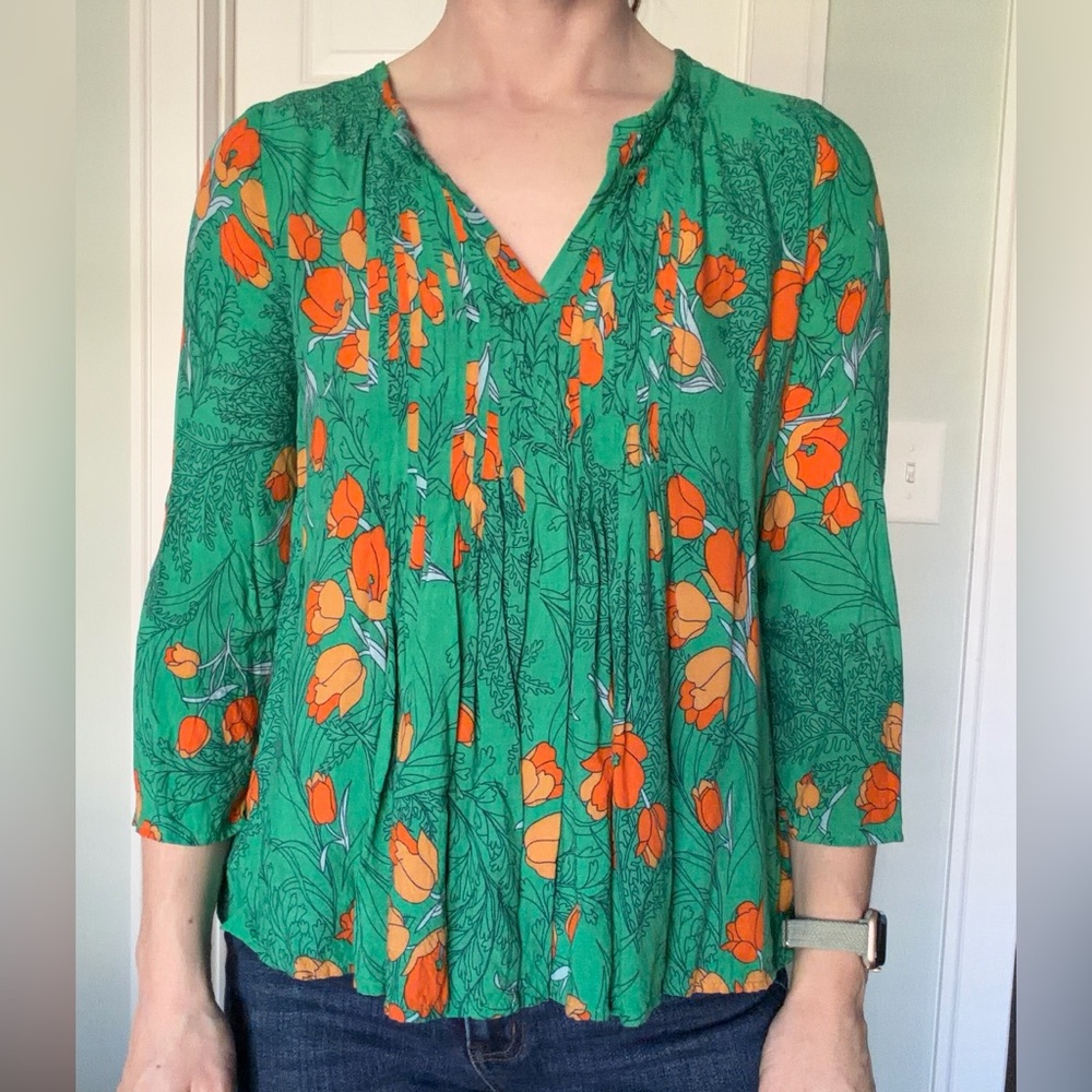 Anthropologie | Vanessa Virginia Floral Green and Orange Women's Top
